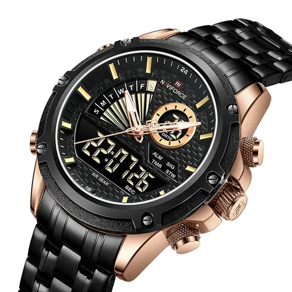 NAVIFORCE NF9205 Mechanical Style Dual Display Sports Men’s Watch – Dial Color: Black, Strap Color: Black – View 2