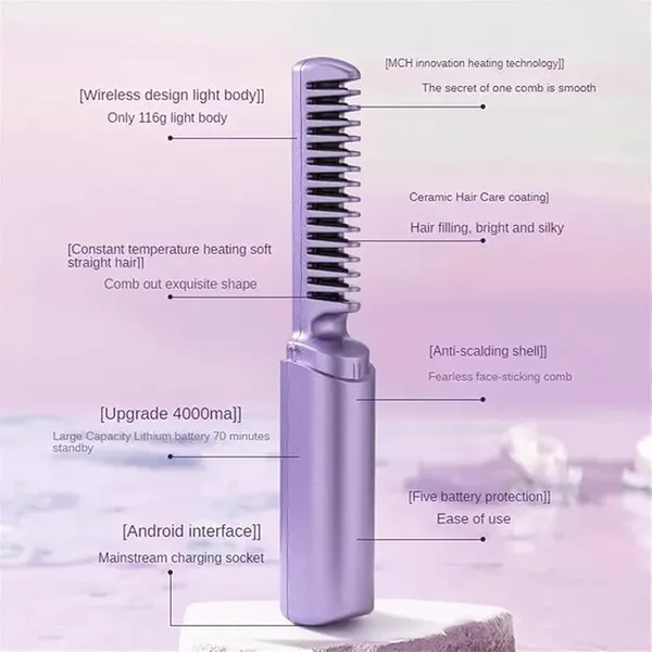 2 in 1 Straightening Curling Brush New Wireless Heating Negative Ion Hair Straightener – Color: Purple – View 3