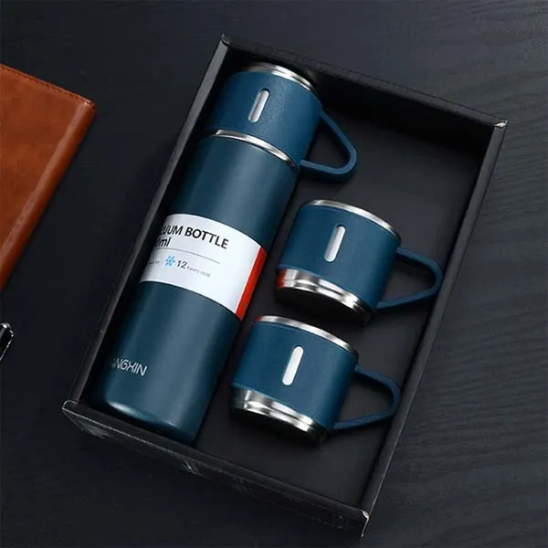 3 in 1 Vacuum Insulated Thermal Flask With Cup Set  – Capacity: 500 ml, Color: Blue – View 2