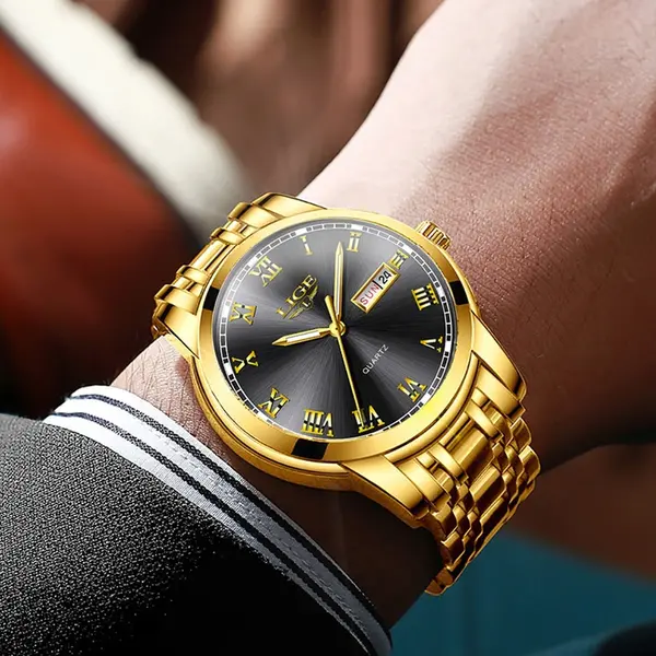 LIGE 9846 Premium Stainless Steel Analog Luxury Men's Watch – Dial Color: Black, Strap Color: Gold  – View 3