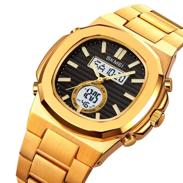 Skmei 2279 Dual Time Stainless Steel Digital Men's Watch – Dial Color: Black, Strap Color: Gold – View 2