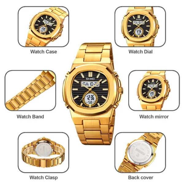 Skmei 2279 Dual Time Stainless Steel Digital Men's Watch – Dial Color: Black, Strap Color: Gold – View 3