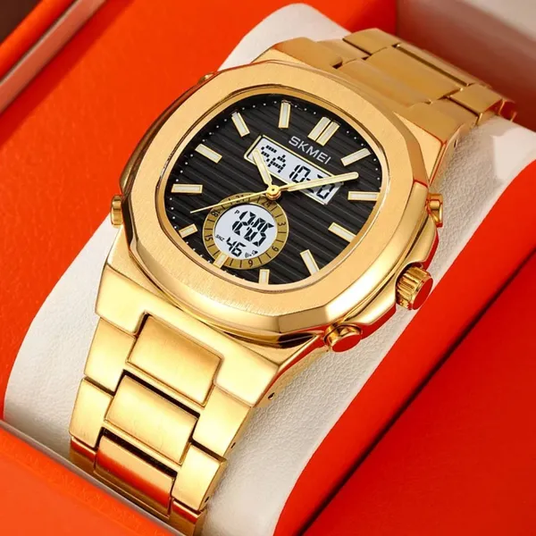 Skmei 2279 Dual Time Stainless Steel Digital Men's Watch – Dial Color: Black, Strap Color: Gold – View 4