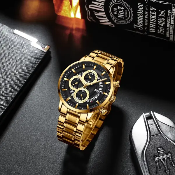 Nibosi 2369 Multifunction Stainless Steel Fashionable Men Watch – Dial Color: Black Gold, Strap Color: Gold – View 2