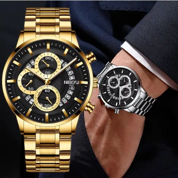 Nibosi 2369 Multifunction Stainless Steel Fashionable Men Watch – Dial Color: Black Gold, Strap Color: Gold – View 4