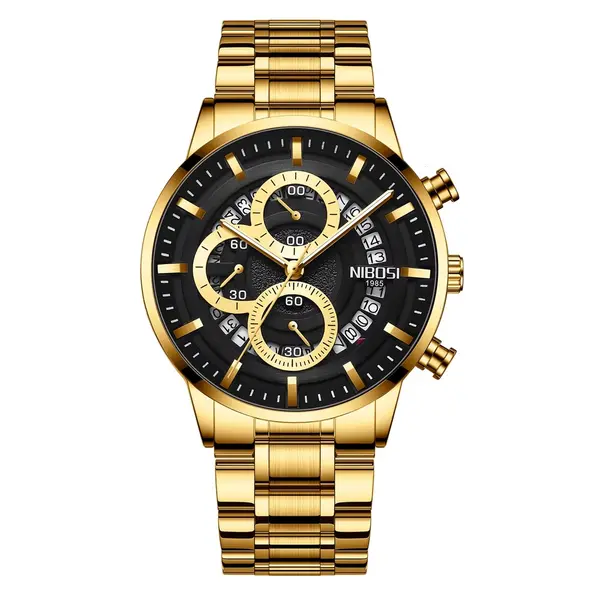 Nibosi 2369 Multifunction Stainless Steel Fashionable Men Watch – Dial Color: Black Gold, Strap Color: Gold – View 1