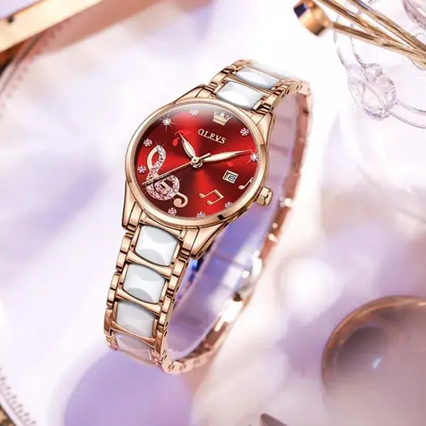 Olevs 3605 Luxury Quartz Rhinestone Ceramics Strap Wristwatch – Dial Color: Red, Strap Color: White – View 2