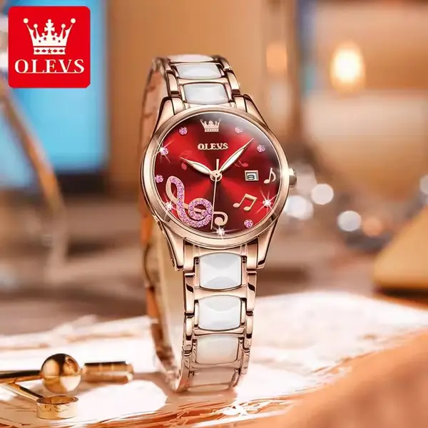 Olevs 3605 Luxury Quartz Rhinestone Ceramics Strap Wristwatch – Dial Color: Red, Strap Color: White – View 3