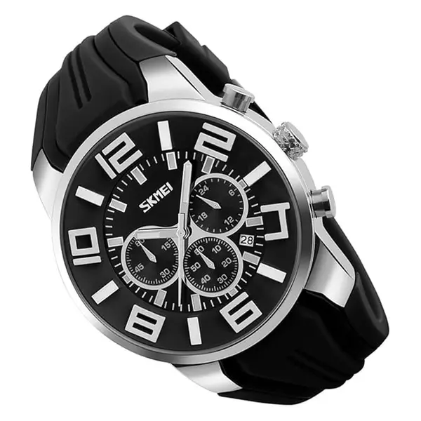 SKMEI 9128 PU Leather Analog Stylish Sporty Men's Watch – Dial Color: Black, Strap Color: Black – View 2