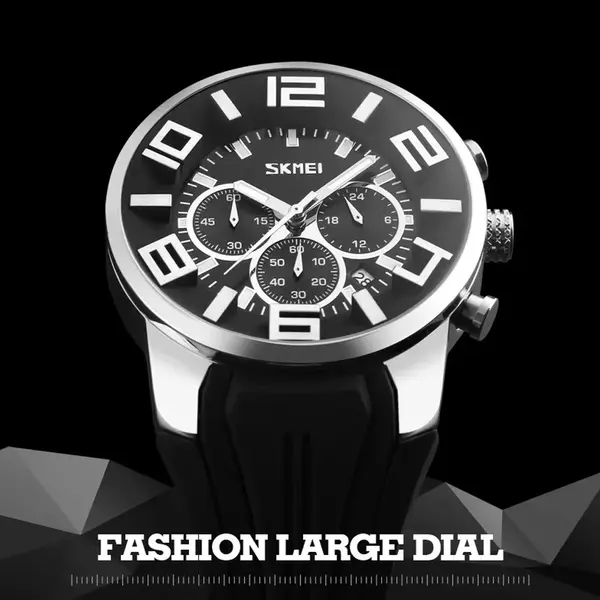 SKMEI 9128 PU Leather Analog Stylish Sporty Men's Watch – Dial Color: Black, Strap Color: Black – View 3