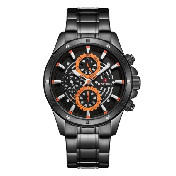 Naviforce NF9150 Luxury Steel Quartz Waterproof Sport Men's Watch – Dial Color: Orange, Strap Color: Black – View 1