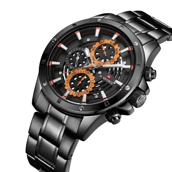 Naviforce NF9150 Luxury Steel Quartz Waterproof Sport Men's Watch – Dial Color: Orange, Strap Color: Black – View 2