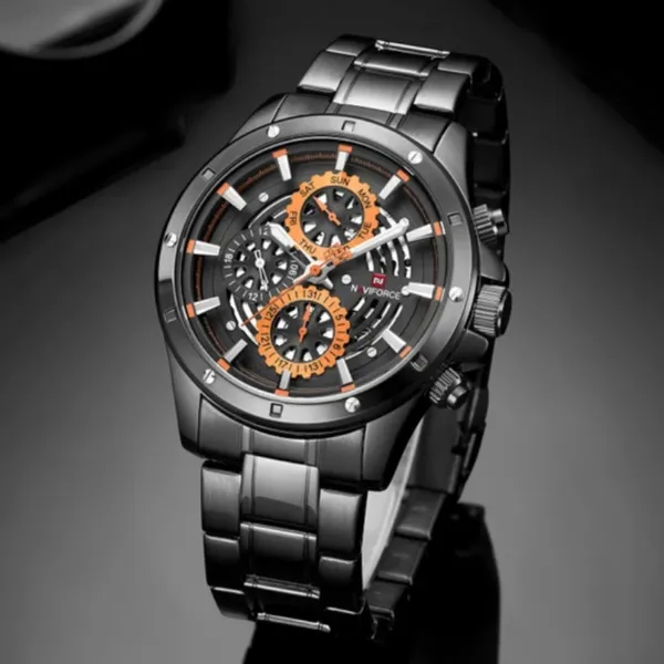 Naviforce NF9150 Luxury Steel Quartz Waterproof Sport Men's Watch – Dial Color: Orange, Strap Color: Black – View 3