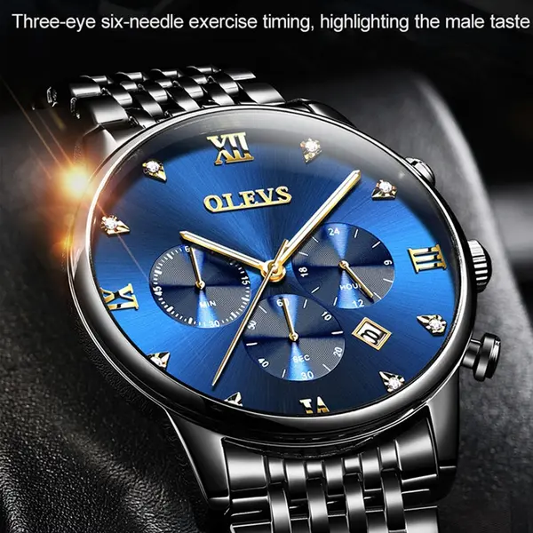 OLEVS 2868 Luxurious Waterproof Braided Stainless Steel Chain Men's Quartz Watch – Dial Color: Blue, Strap Color: Black – View 3