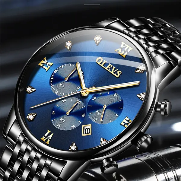 OLEVS 2868 Luxurious Waterproof Braided Stainless Steel Chain Men's Quartz Watch – Dial Color: Blue, Strap Color: Black – View 2