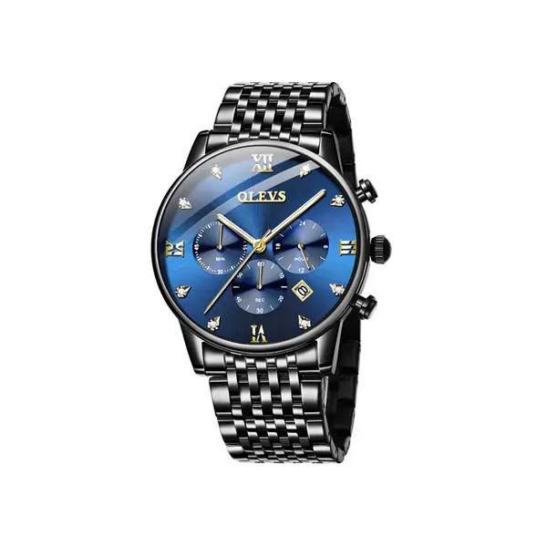 OLEVS 2868 Luxurious Waterproof Braided Stainless Steel Chain Men's Quartz Watch – Dial Color: Blue, Strap Color: Black – View 1