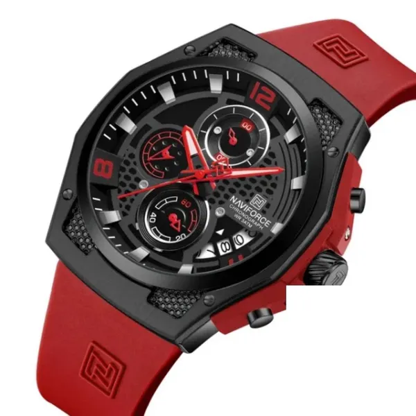 NAVIFORCE NF8051T Luxury Silicone Band Quartz Men's Watch – Dial Color: Black, Strap Color: Red – View 2