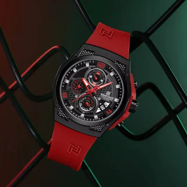 NAVIFORCE NF8051T Luxury Silicone Band Quartz Men's Watch – Dial Color: Black, Strap Color: Red – View 4