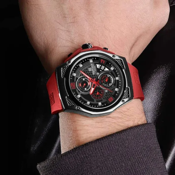 NAVIFORCE NF8051T Luxury Silicone Band Quartz Men's Watch – Dial Color: Black, Strap Color: Red – View 5