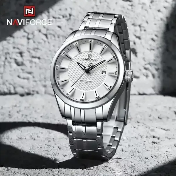 Naviforce 8032 Stainless Steel And Multifunction Waterproof Men's Watch – Dial Color: White, Strap Color: White – View 2
