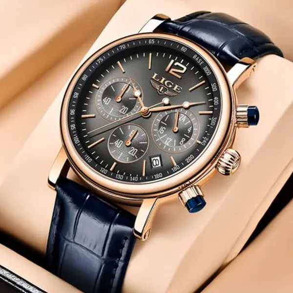 LIGE 8927 Analog Premium Leather Strap Men's Luxury Watch – Dial Color: Black, Strap Color: Black – View 2