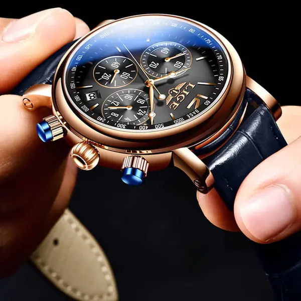LIGE 8927 Analog Premium Leather Strap Men's Luxury Watch – Dial Color: Black, Strap Color: Black – View 3