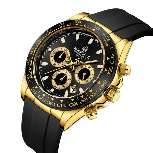 Naviforce NF8054 Sleek Metallic Luminous Men's Watch – Dial Color: Black, Strap Color: Gold  – View 2