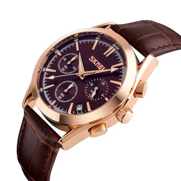 SKMEI 9127 Quartz Analog Leather Strap Casual Men's Watch – Dial Color: Rose, Strap Color: Rose – View 2