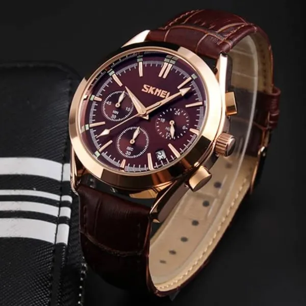 SKMEI 9127 Quartz Analog Leather Strap Casual Men's Watch – Dial Color: Rose, Strap Color: Rose – View 3