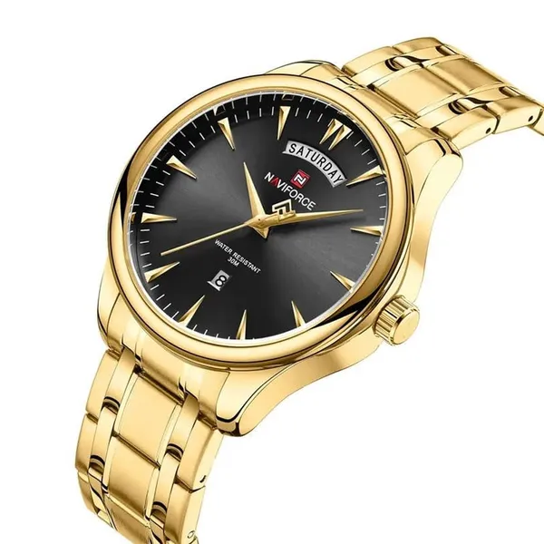 NAVIFORCE NF9213 Analog Waterproof Stainless Steel Watch For Men – Dial Color: Black, Strap Color: Gold  – View 2