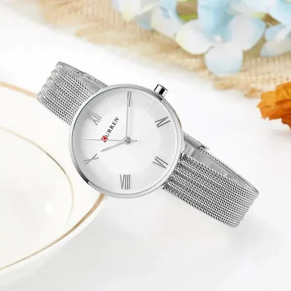 CURREN 9020 Mesh Stainless Steel Analog Watch For Women – Dial Color: White, Strap Color: Silver – View 3