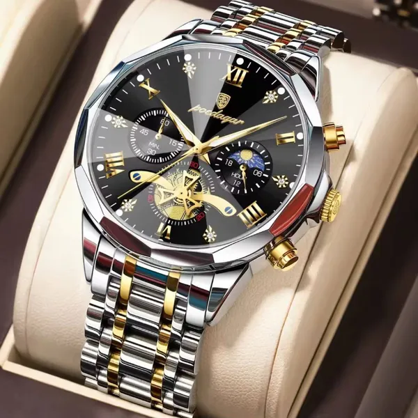 Poedagar 938 Luxury Stainless Steel Chronograph Men's Watch – Dial Color: Black, Strap Color: Gold – View 2
