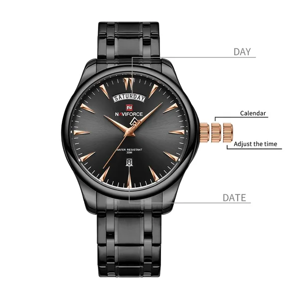 NAVIFORCE NF9213 Analog Waterproof Stainless Steel Watch For Men – Dial Color: Black, Strap Color: Black – View 3