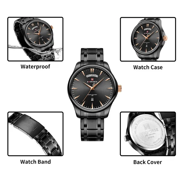 NAVIFORCE NF9213 Analog Waterproof Stainless Steel Watch For Men – Dial Color: Black, Strap Color: Black – View 4