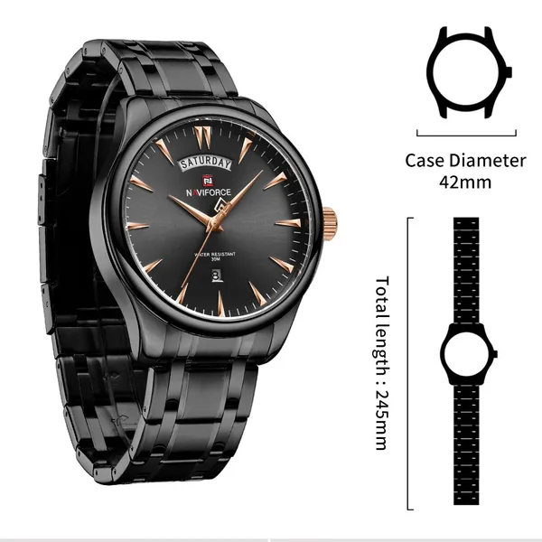 NAVIFORCE NF9213 Analog Waterproof Stainless Steel Watch For Men – Dial Color: Black, Strap Color: Black – View 5