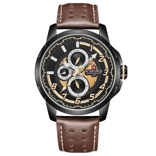 NAVIFORCE NF9142 PU Leather Chronograph Men's Watch – Dial Color: Black, Strap Color: Brown – View 1
