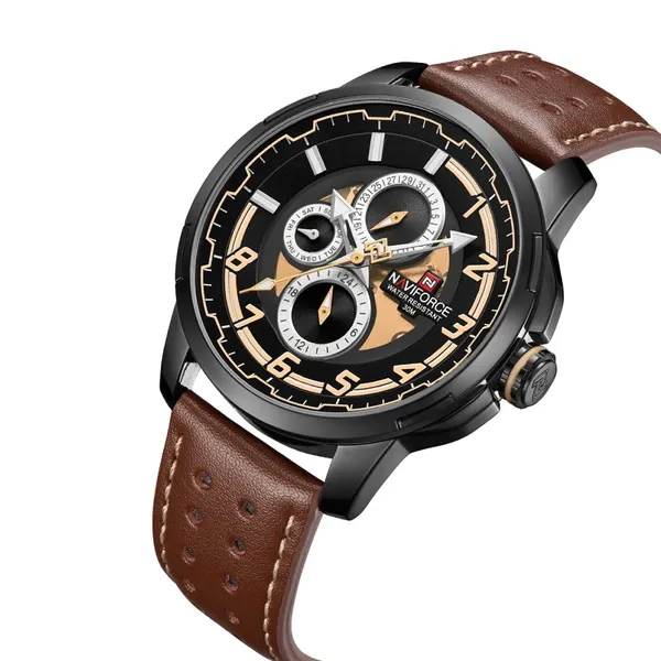 NAVIFORCE NF9142 PU Leather Chronograph Men's Watch – Dial Color: Black, Strap Color: Brown – View 2