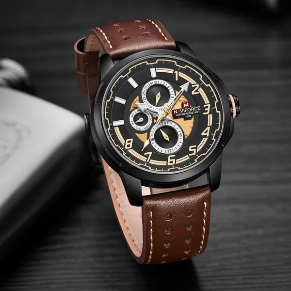 NAVIFORCE NF9142 PU Leather Chronograph Men's Watch – Dial Color: Black, Strap Color: Brown – View 3