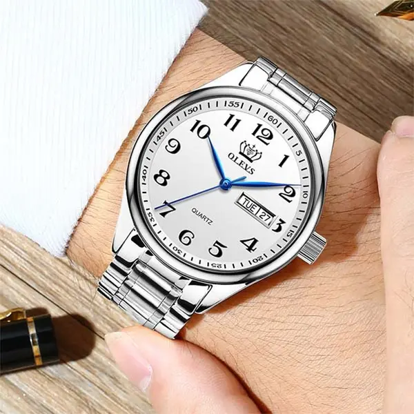 OLEVS 5567 Royal Stainless Steel Waterproof Chronograph Couple's Watch with Luminous – Dial Color: White, Strap Color: White – View 4