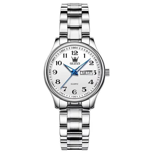OLEVS 5567 Royal Stainless Steel Waterproof Chronograph Couple's Watch with Luminous – Dial Color: White, Strap Color: White – View 2