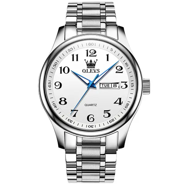 OLEVS 5567 Royal Stainless Steel Waterproof Chronograph Couple's Watch with Luminous – Dial Color: White, Strap Color: White – View 3