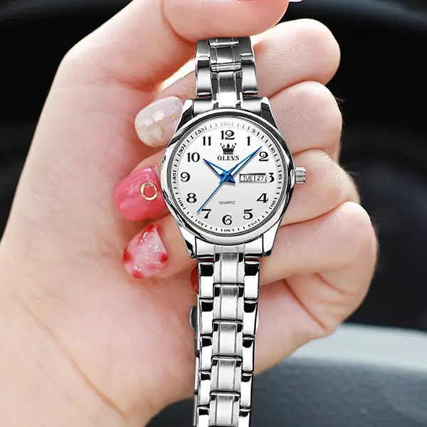 OLEVS 5567 Royal Stainless Steel Waterproof Chronograph Couple's Watch with Luminous – Dial Color: White, Strap Color: White – View 5