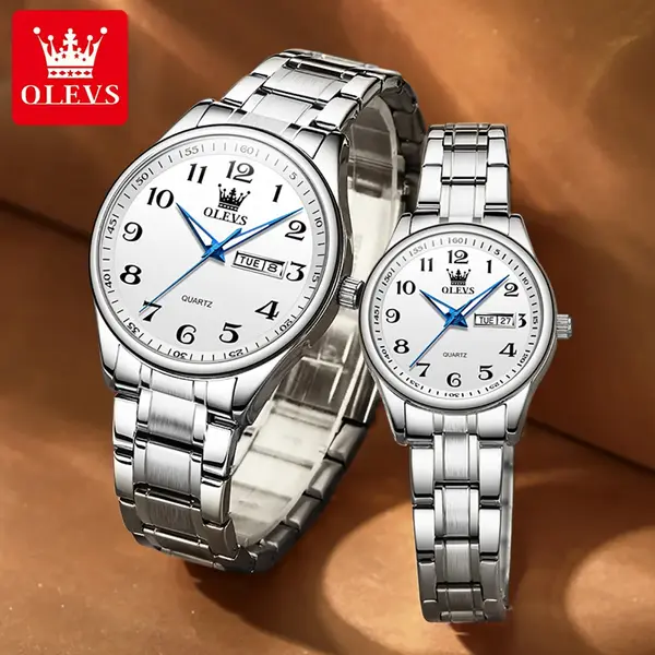 OLEVS 5567 Royal Stainless Steel Waterproof Chronograph Couple's Watch with Luminous – Dial Color: White, Strap Color: White – View 6