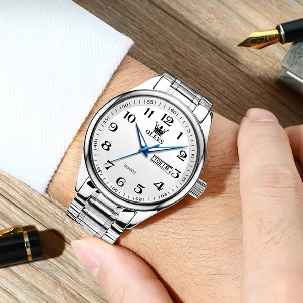 OLEVS 5567 Royal Stainless Steel Waterproof Chronograph Couple's Watch with Luminous – Dial Color: White, Strap Color: White – View 7