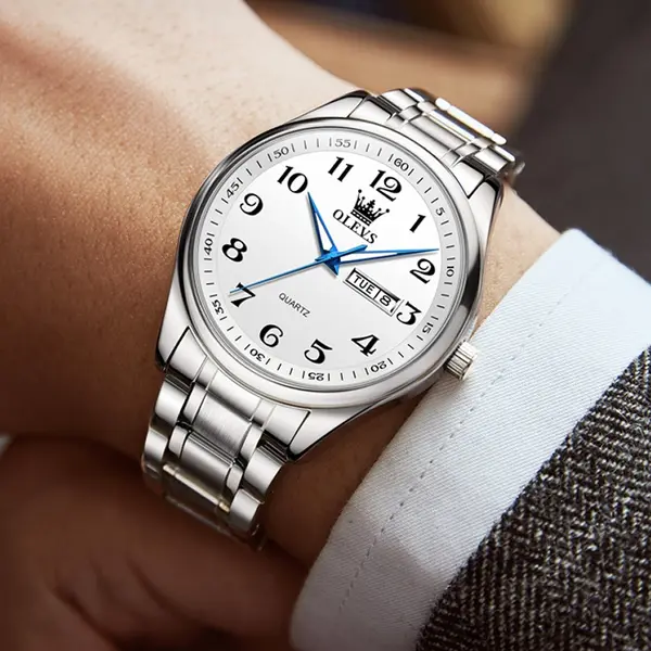 OLEVS 5567 Royal Stainless Steel Waterproof Chronograph Couple's Watch with Luminous – Dial Color: White, Strap Color: White – View 8