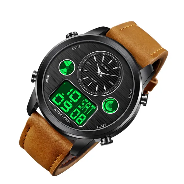 Skmei 1653 Digital Water Resistant Leather Analog Quartz Men's Watch – Dial Color: Black, Strap Color:  Brown  – View 2