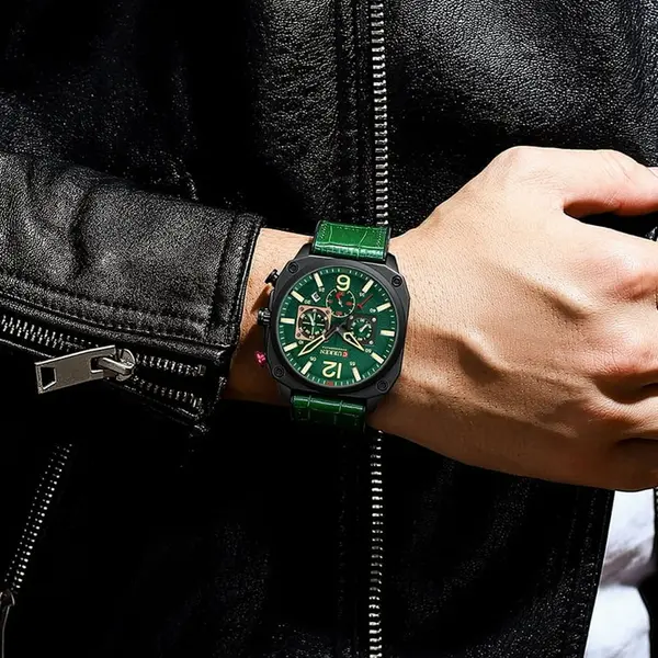 Curren 8398 Luxury Genuine Leather Straps Chronograph Sports Men's Watch – Dial Color: Green, Strap Color: Green  – View 5