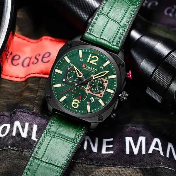 Curren 8398 Luxury Genuine Leather Straps Chronograph Sports Men's Watch – Dial Color: Green, Strap Color: Green  – View 6