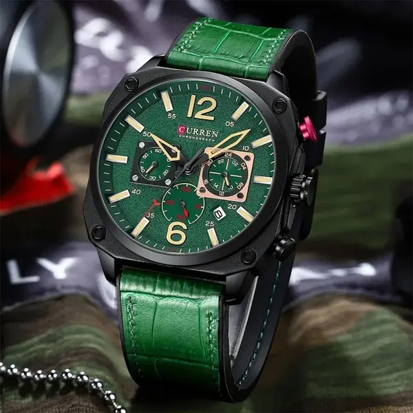 Curren 8398 Luxury Genuine Leather Straps Chronograph Sports Men's Watch – Dial Color: Green, Strap Color: Green  – View 4