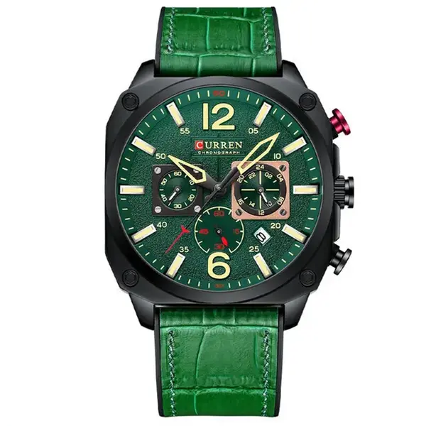 Curren 8398 Luxury Genuine Leather Straps Chronograph Sports Men's Watch – Dial Color: Green, Strap Color: Green  – View 1